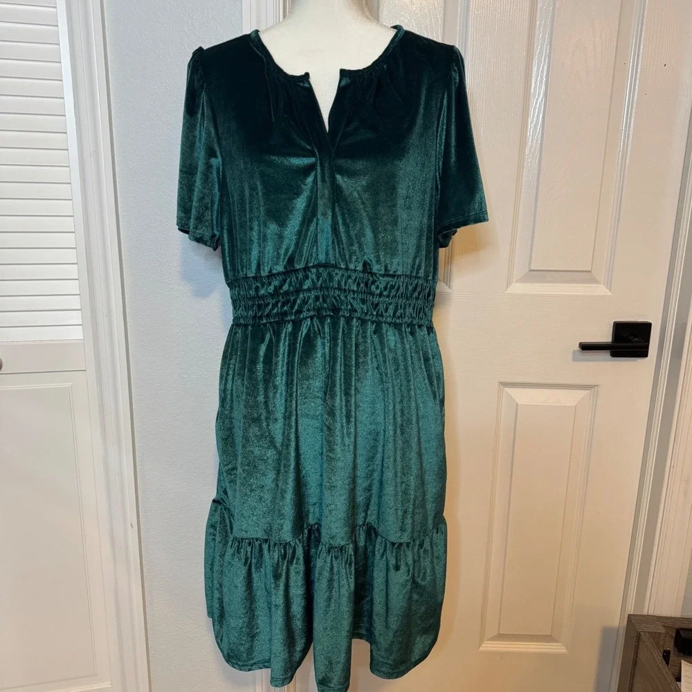 French Connection Green Velvet Holiday smocked Waist Dress Large Green